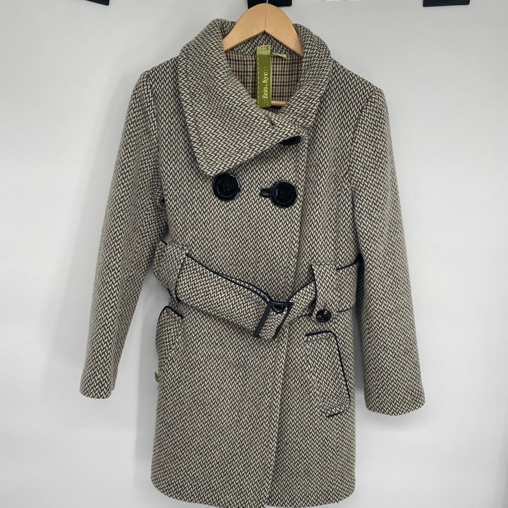 Soia & Kyo Gemma Coat Womens Medium‎ Gray Checkered Belted Peacoat Jacket Winter